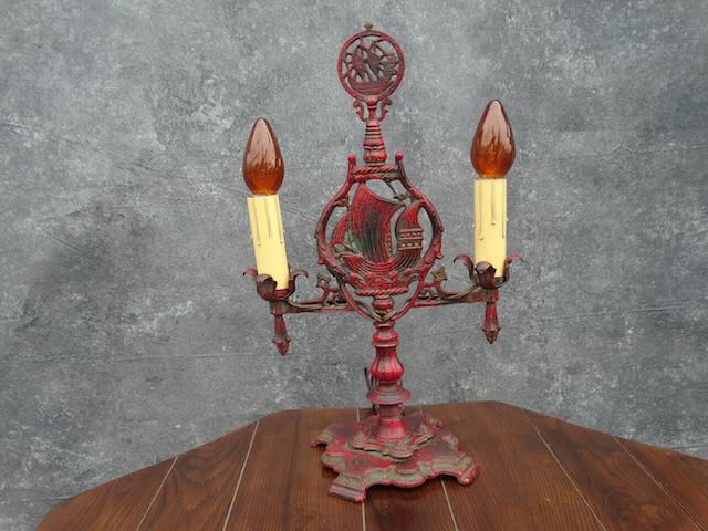 Spanish Galleon Double Sconce Cast Iron Table Lamp 1920s L754