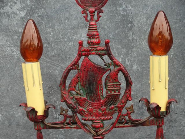 Spanish Galleon Double Sconce Cast Iron Table Lamp 1920s L754