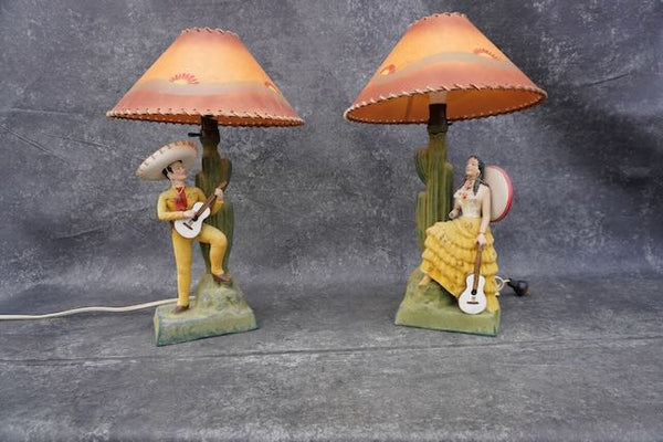 Mexican Ceramic Figurative Lamps: Señor and Señorita with Hand-painted Shades L766