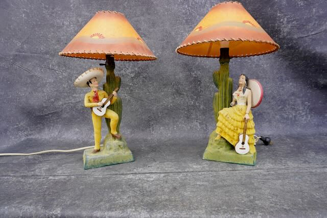 Mexican Ceramic Figurative Lamps: Señor and Señorita with Hand-painted Shades L766