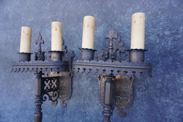 Pair of Spanish Revival Sconces, Double Candle, in Solid Bronze L773