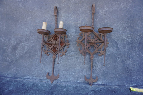 Pair of Spanish Revival Double-Candle Sconces Wrought Iron c 1925 L774