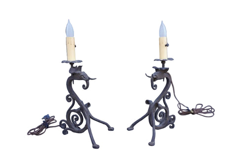 Pair of Spanish Revival Wrought Iron Elephant Mantle Lamps L873