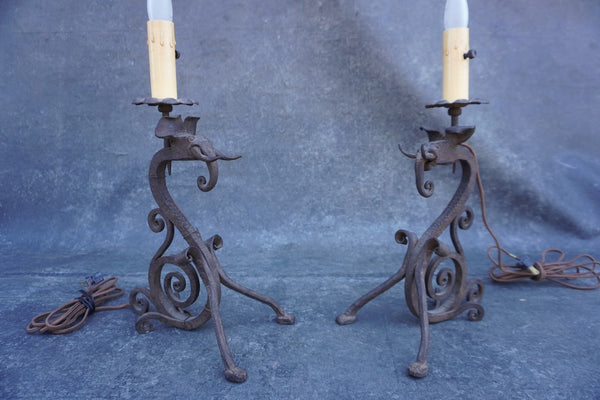 Pair of Spanish Revival Wrought Iron Elephant Mantle Lamps L873
