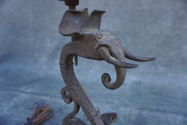 Pair of Spanish Revival Wrought Iron Elephant Mantle Lamps L873