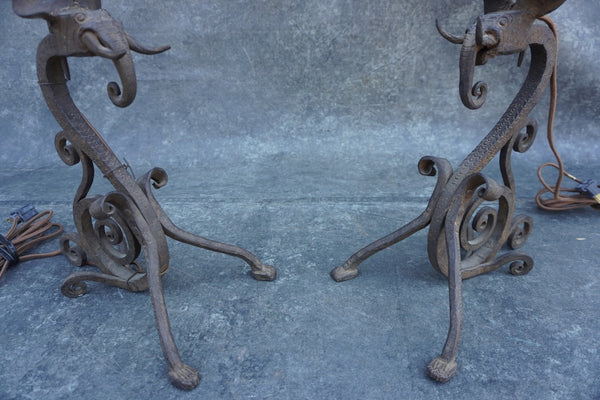 Pair of Spanish Revival Wrought Iron Elephant Mantle Lamps L873