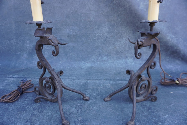 Pair of Spanish Revival Wrought Iron Elephant Mantle Lamps L873