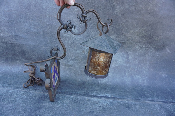 Wrought Iron Lantern Sconce Entry Light with Mica Shade and Malibu Tile L876