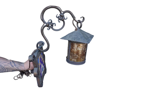 Wrought Iron Lantern Sconce Entry Light with Mica Shade and Malibu Tile L876
