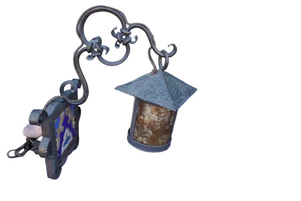 Wrought Iron Lantern Sconce Entry Light with Mica Shade and Malibu Tile L876