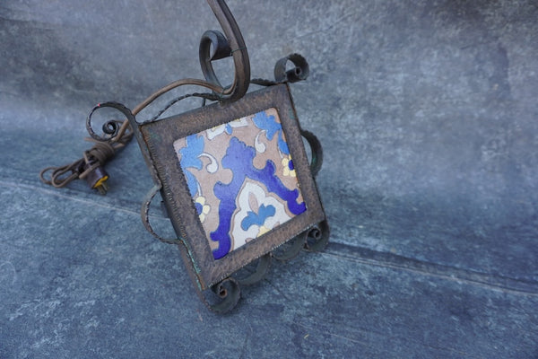 Wrought Iron Lantern Sconce Entry Light with Mica Shade and Malibu Tile L876