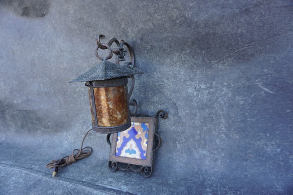 Wrought Iron Lantern Sconce Entry Light with Mica Shade and Malibu Tile L876