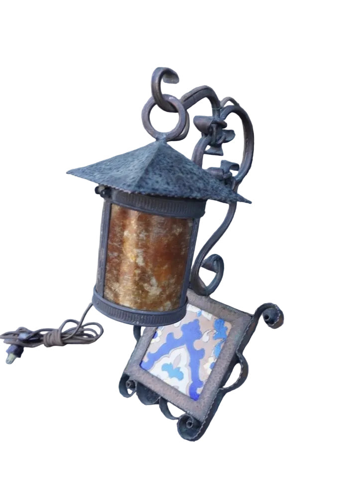 Wrought Iron Lantern Sconce Entry Light with Mica Shade and Malibu Tile L876