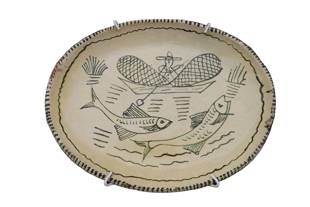 Vintage Mexican Plate from Tzintzuntzan, Fishing Scene M1983