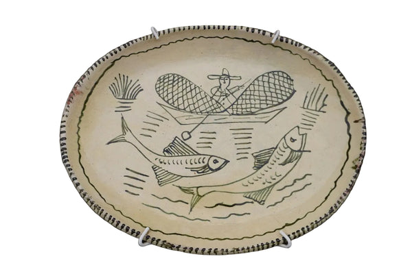 Vintage Mexican Plate from Tzintzuntzan, Fishing Scene M1983