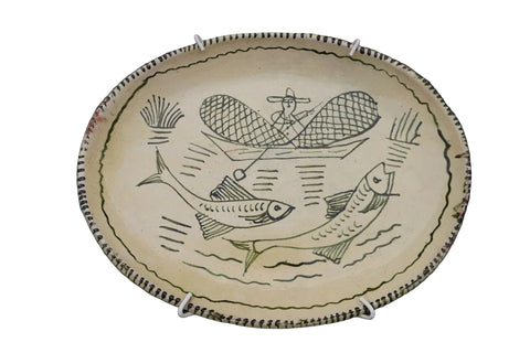 Vintage Mexican Plate from Tzintzuntzan, Fishing Scene M1983
