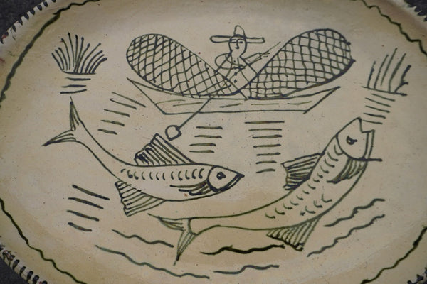 Vintage Mexican Plate from Tzintzuntzan, Fishing Scene M1983