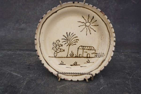 Vintage Mexican Plate from Tzintzuntzan, House Scene with Cactus M1984