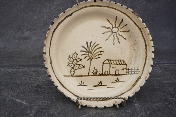 Vintage Mexican Plate from Tzintzuntzan, House Scene with Cactus M1984