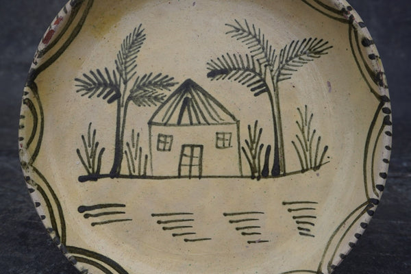 Vintage Mexican Plate from Tzintzuntzan, House Scene with Palm Trees M1985