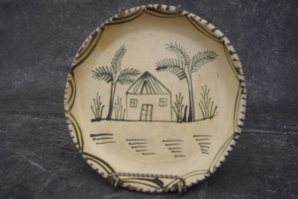 Vintage Mexican Plate from Tzintzuntzan, House Scene with Palm Trees M1985