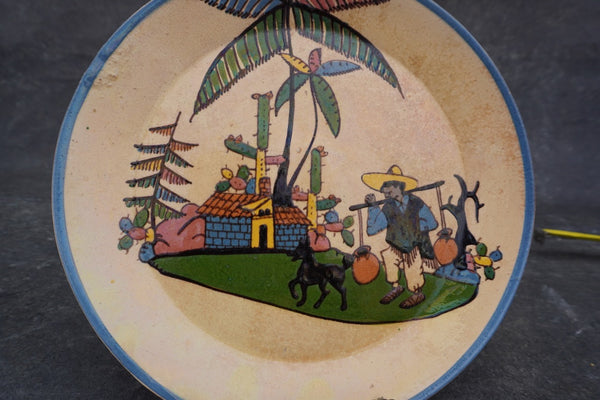 Mexican Tlaquepaque Plate, Village with Man and Dog M1995