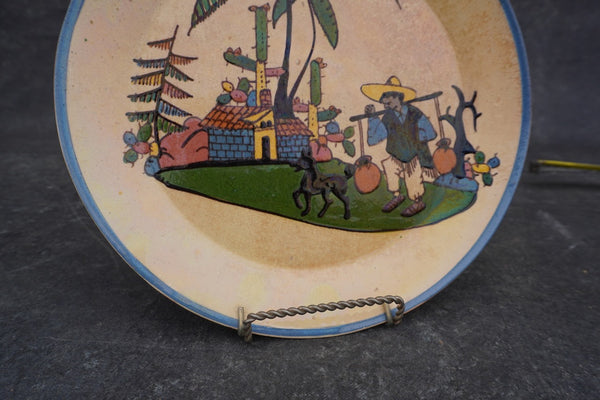 Mexican Tlaquepaque Plate, Village with Man and Dog M1995