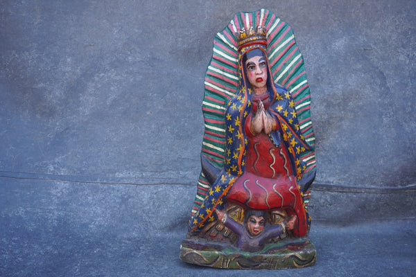 Mexican Folk Art Carved Wood Guadalupe Altar Statue, Hand-Painted M2033