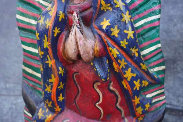 Mexican Folk Art Carved Wood Guadalupe Altar Statue, Hand-Painted M2033