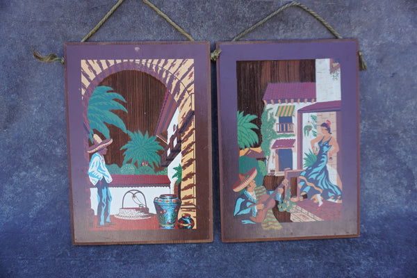 Vintage Pair of Redwood Hand Painted Plaques M2035