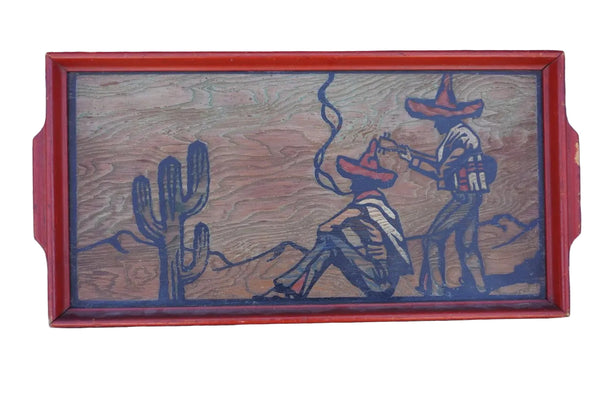 Antique Hand Carved Wooden Tray with Rancheros M2036