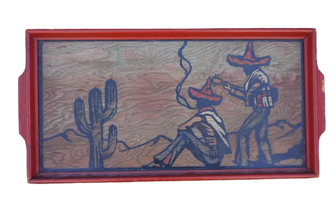 Antique Hand Carved Wooden Tray with Rancheros M2036