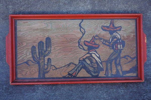 Antique Hand Carved Wooden Tray with Rancheros M2036