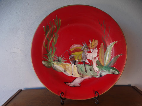 Tlaquepaque Mexican Wall Charger in Red - Boy with Donkey 1940s M2951
