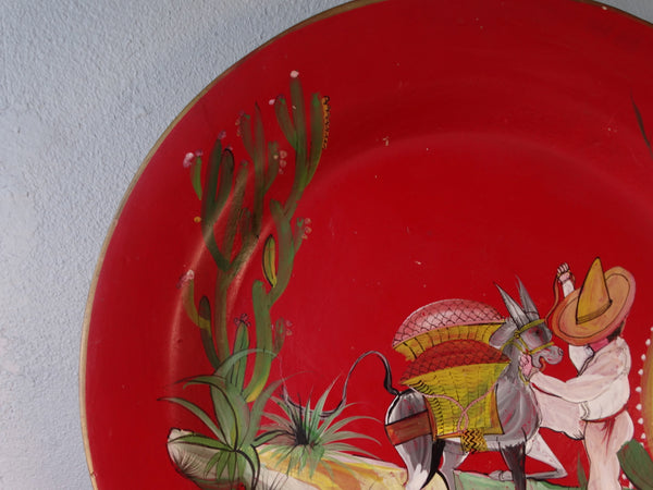 Tlaquepaque Mexican Wall Charger in Red - Boy with Donkey 1940s M2951