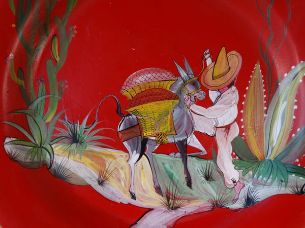 Tlaquepaque Mexican Wall Charger in Red - Boy with Donkey 1940s M2951