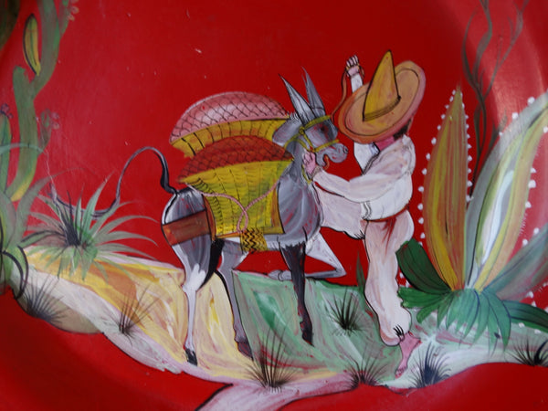 Tlaquepaque Mexican Wall Charger in Red - Boy with Donkey 1940s M2951