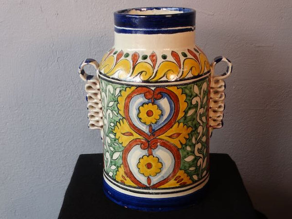 Mexican Talavera hand glazed vase with Ribbon handles circa 1970's M2954