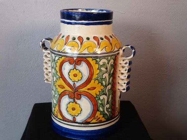 Mexican Talavera hand glazed vase with Ribbon handles circa 1970's M2954