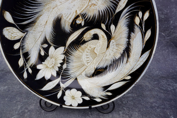 Mexican Tonala Burnished Charger in Black, White & Gold  c 1950 M2983