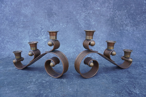 Mexican Taxco Copper & Brass Candlesticks in the Style of Hector Aguilar, Pair M3000