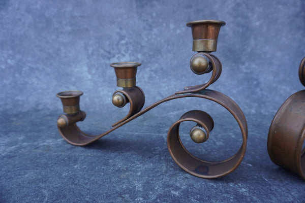 Mexican Taxco Copper & Brass Candlesticks in the Style of Hector Aguilar, Pair M3000