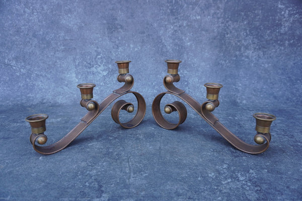 Mexican Taxco Copper & Brass Candlesticks in the Style of Hector Aguilar, Pair M3000