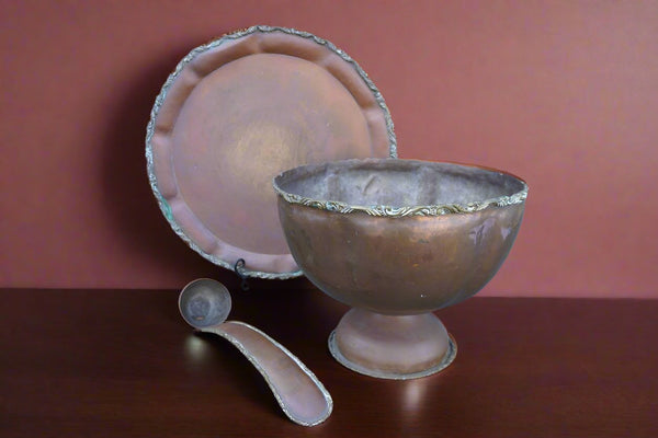 Mexican Copper Footed Punch Bowl, Tray & Ladle Set M3002