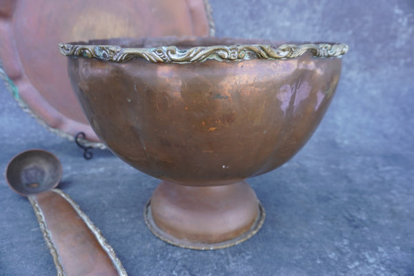 Mexican Copper Footed Punch Bowl, Tray & Ladle Set M3002