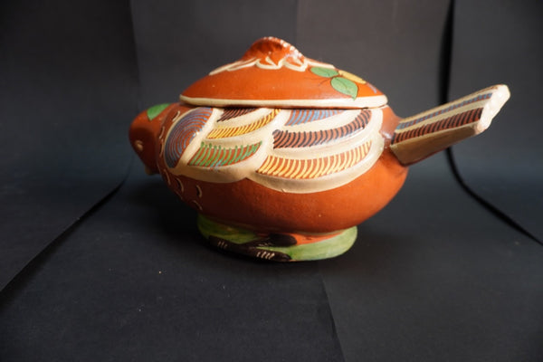 Mexican Tlaquepaque Casserole in Rare Swallow Form Blue Shoulder Feather  M3012