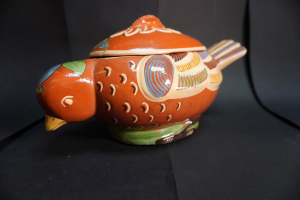 Mexican Tlaquepaque Casserole in Rare Swallow Form Blue Shoulder Feather  M3012