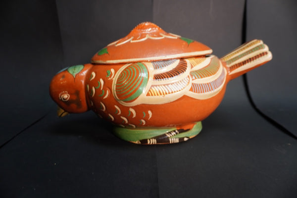 Mexican Tlaquepaque Casserole in Rare Swallow Form Green Shoulder Feather  M3013