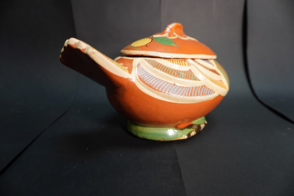 Mexican Tlaquepaque Casserole in Rare Swallow Form Green Shoulder Feather  M3013