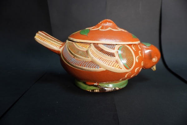 Mexican Tlaquepaque Casserole in Rare Swallow Form Green Shoulder Feather  M3013